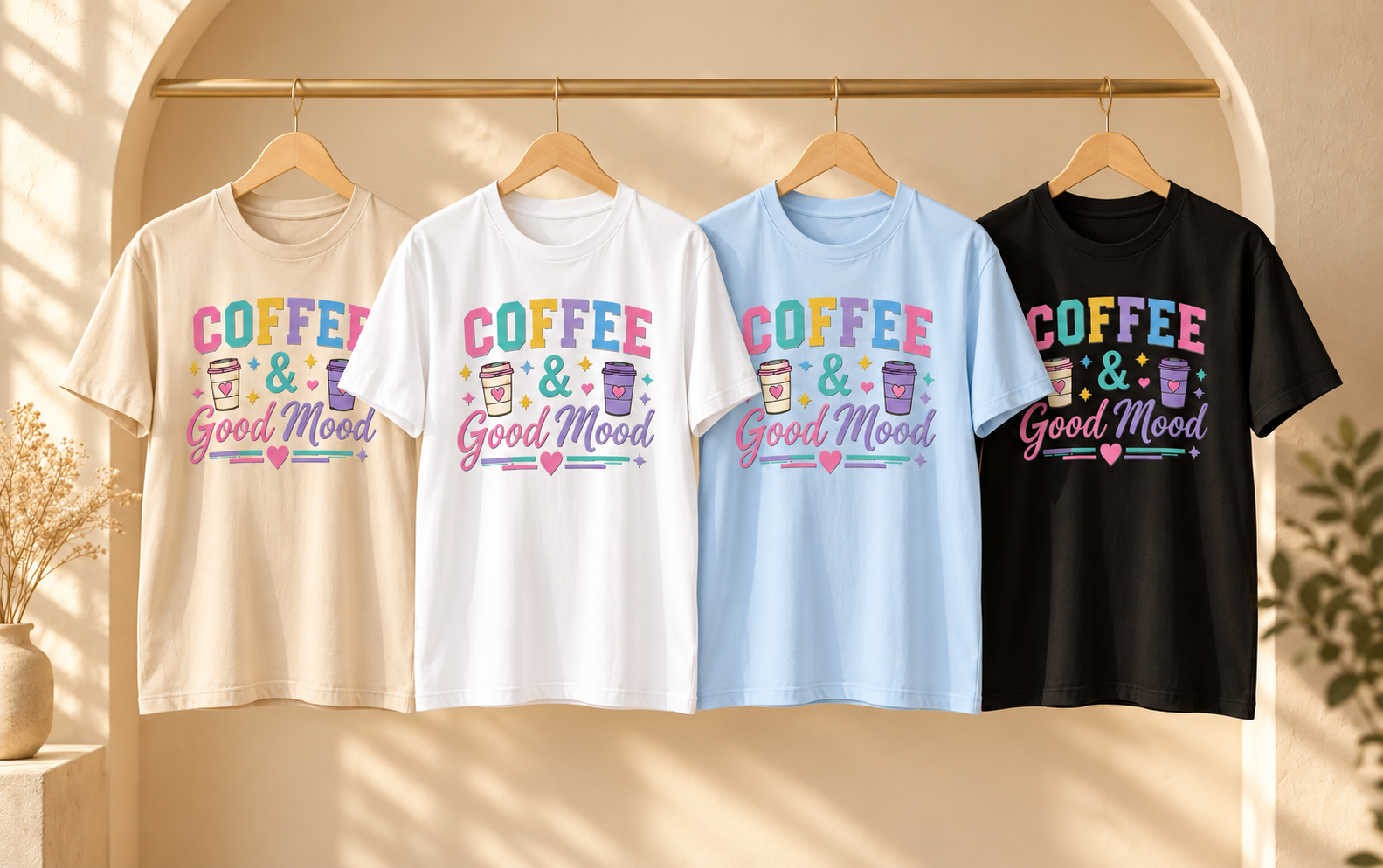 Camisetas Coffee & Good Mood en beige, blanco, azul bebé y negro